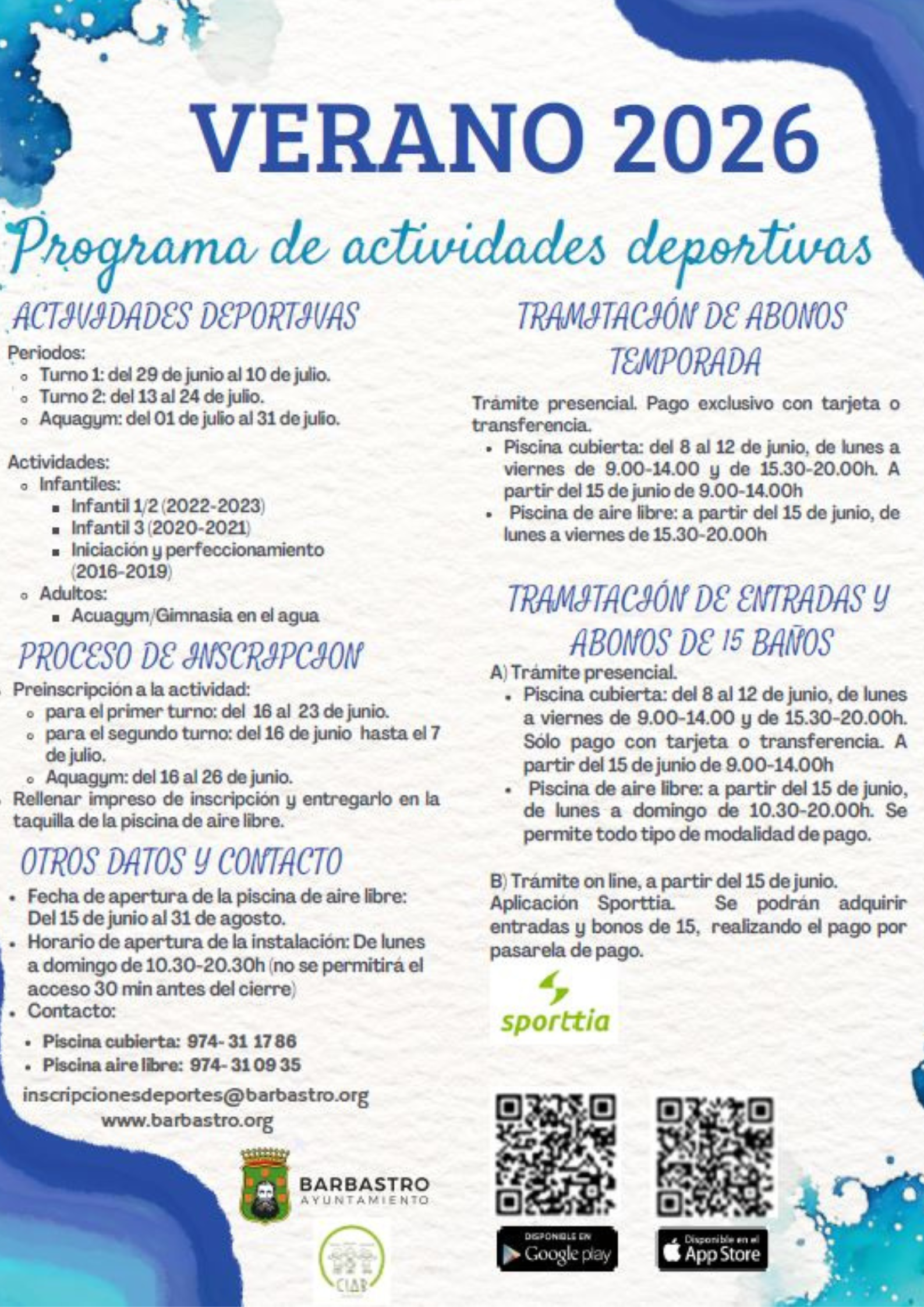 Abierto el plazo de inscripciones para las actividades de deportivas que acogerán las piscinas este verano