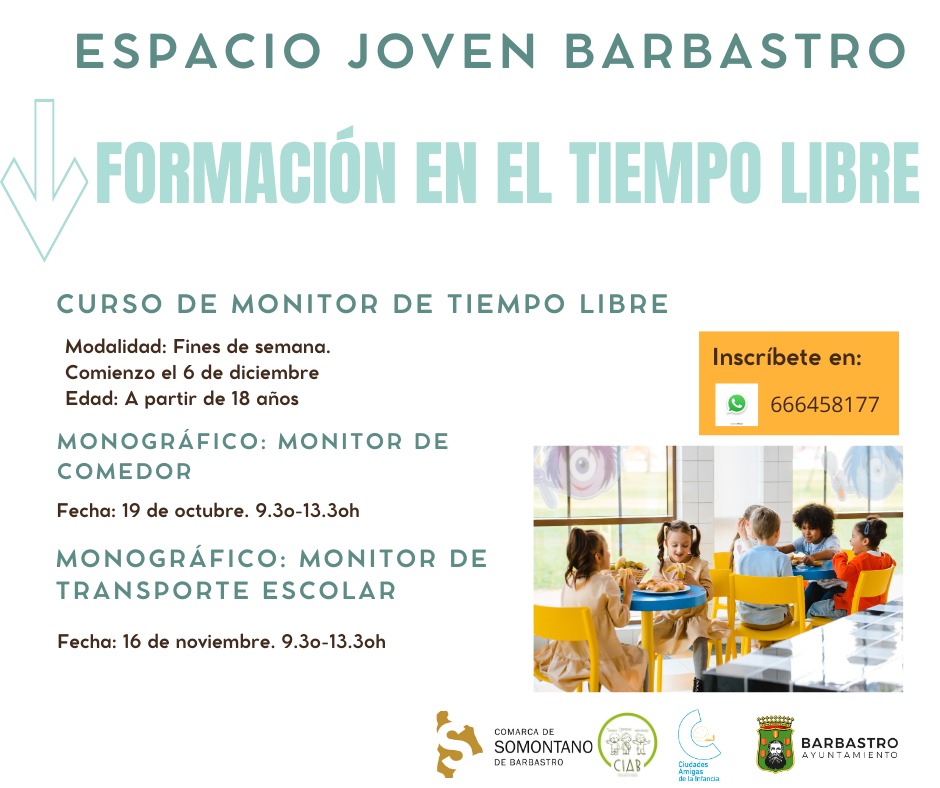 Barbastro organiza cursos de monitor de tiempo libre, monitor de comedor y monitor de transporte escolar