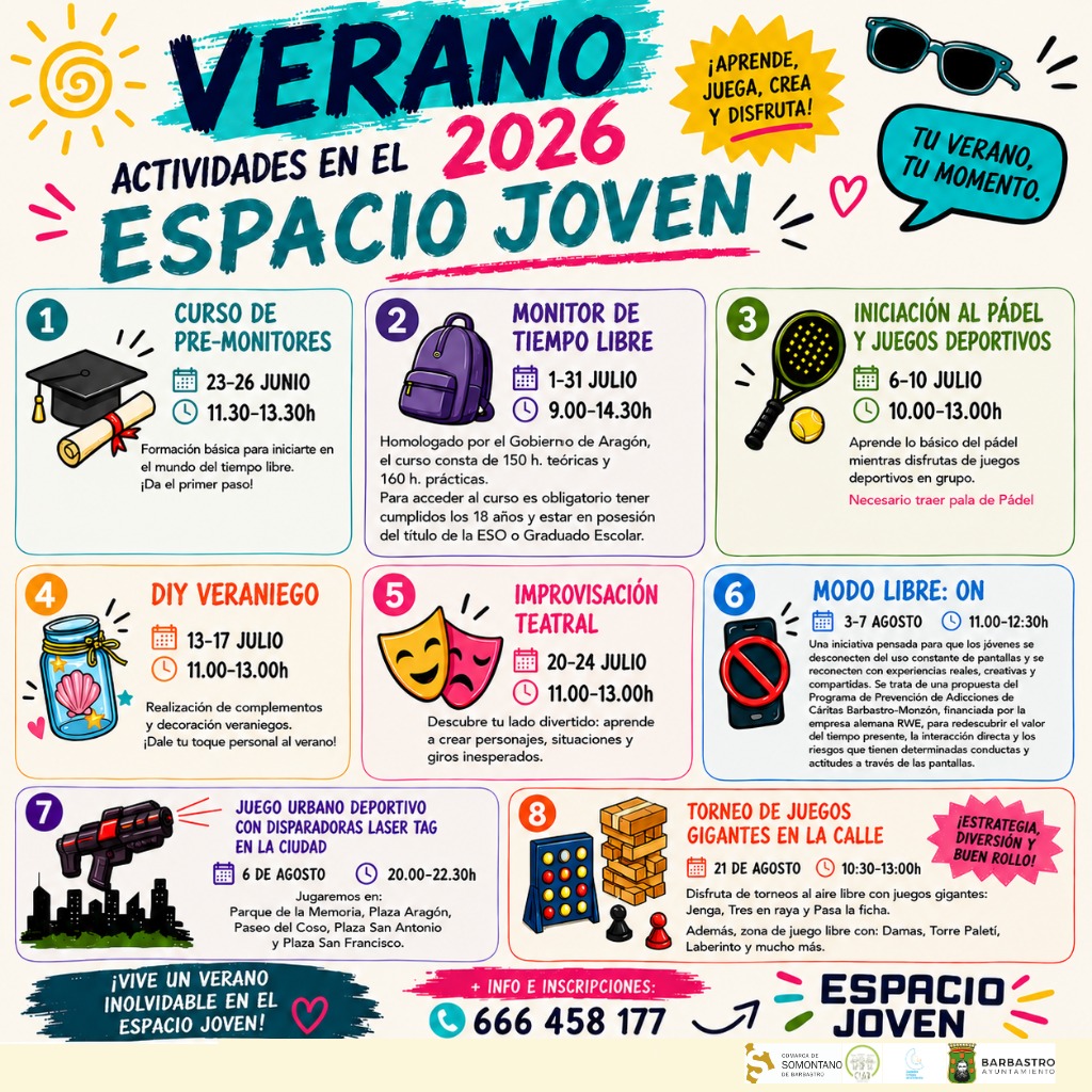 Deporte, creatividad y ocio saludable, protagonistas de la programación estival del Espacio Joven del Ayuntamiento de Barbastro