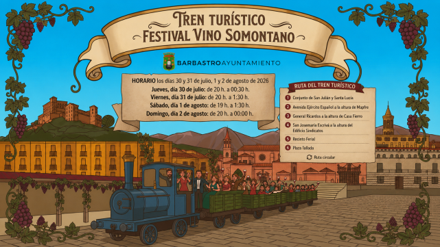 El Ayuntamiento de Barbastro pone en marcha el Tren Turístico para facilitar la movilidad durante el Festival Vino Somontano