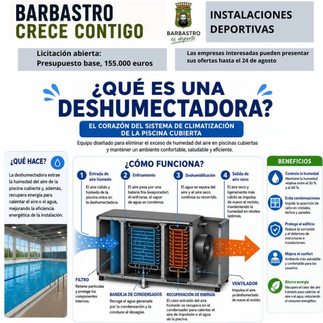 Las empresas interesadas en encargarse de la renovación del sistema de climatización de la piscina cubierta mediante la instalación de una nueva deshumectadora pueden presentar sus ofertas hasta el 24 de agosto
